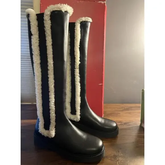 NEW STAUD Womens Palamino Shearling Trim Black Leather Riding